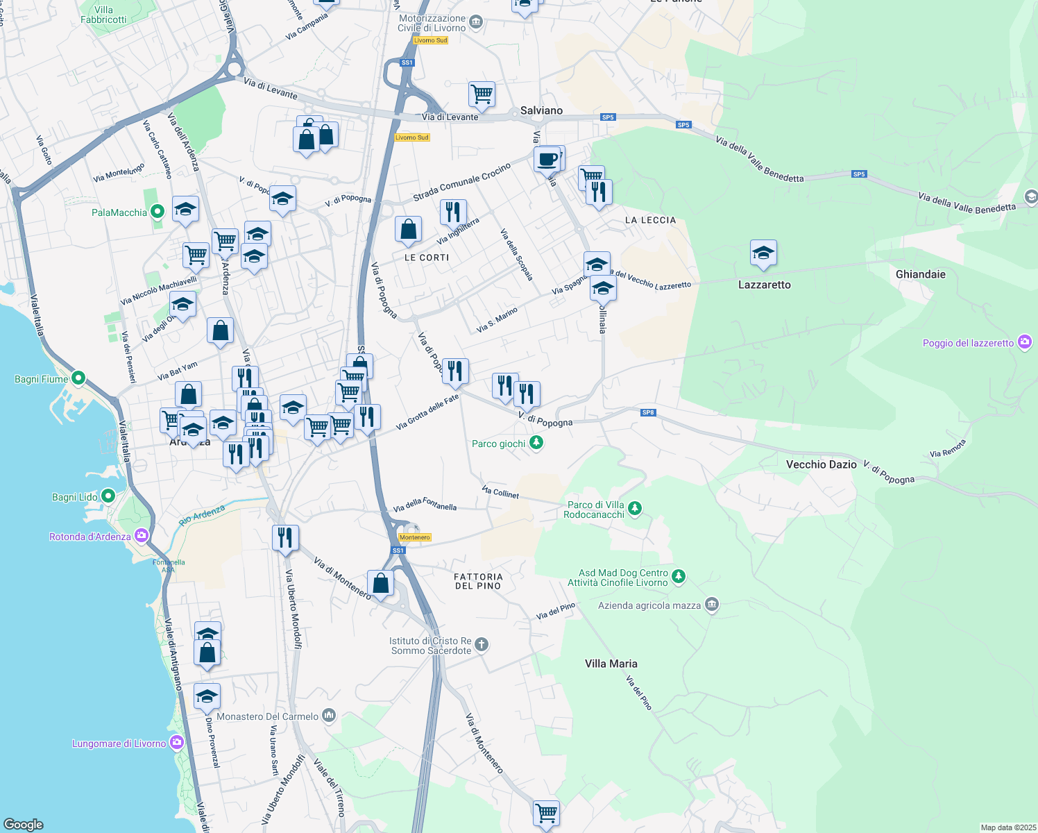 map of restaurants, bars, coffee shops, grocery stores, and more near 272 Via di Popogna in Livorno