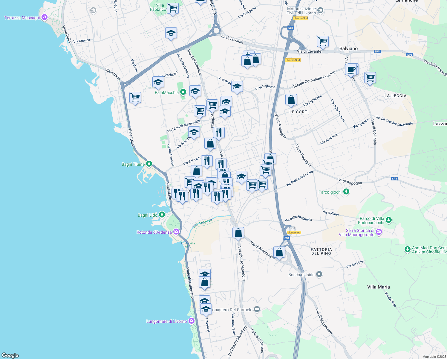 map of restaurants, bars, coffee shops, grocery stores, and more near 45 Via dell'Ardenza in Livorno