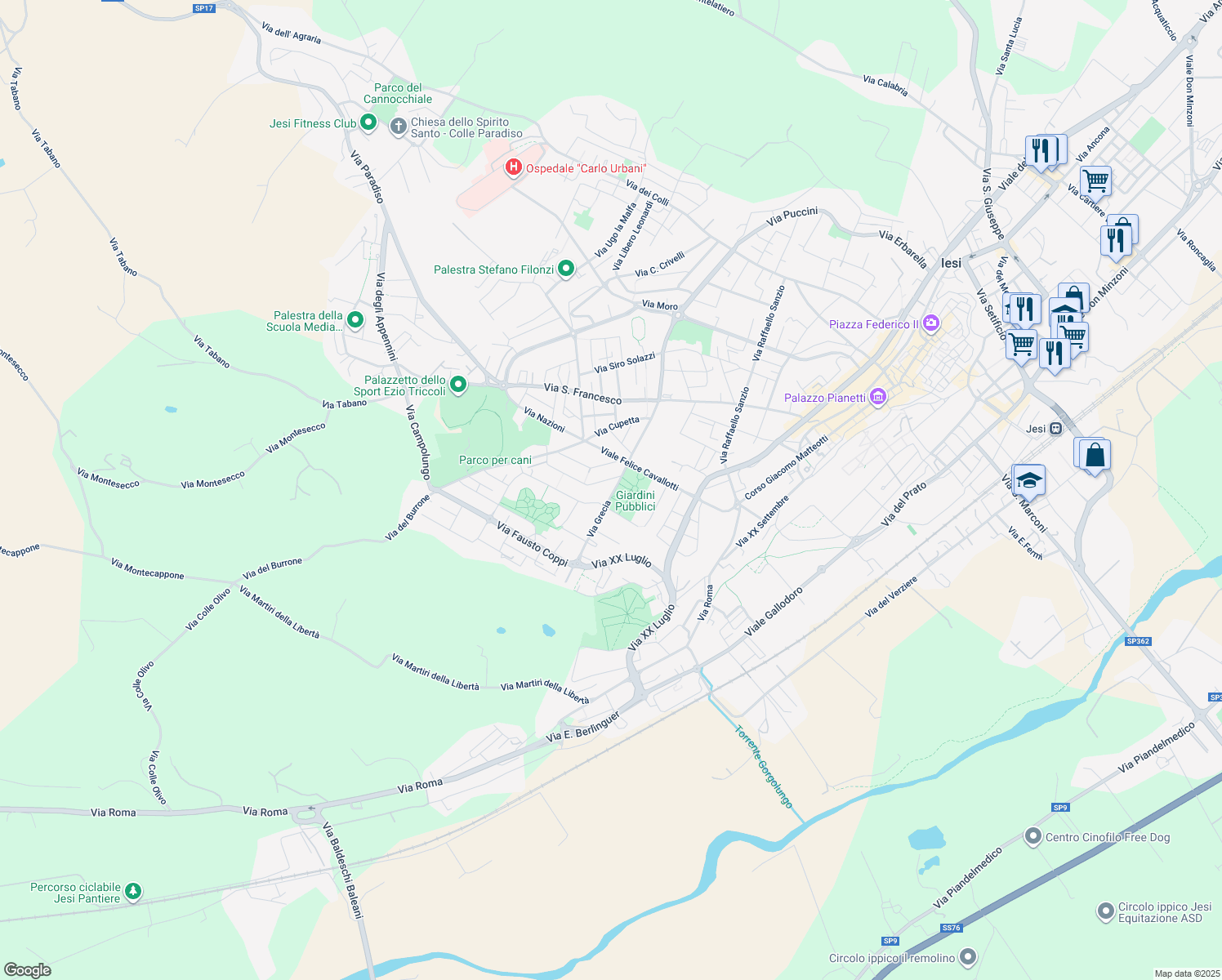 map of restaurants, bars, coffee shops, grocery stores, and more near 7A Via Grecia in Jesi