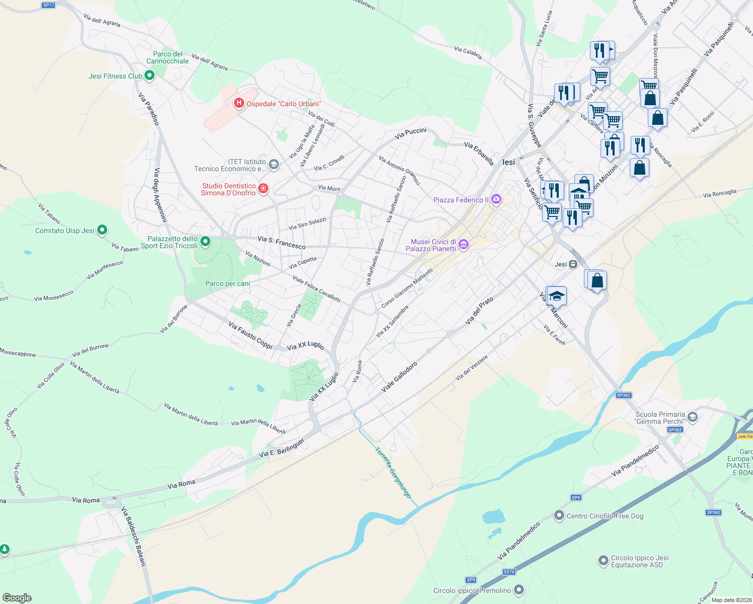 map of restaurants, bars, coffee shops, grocery stores, and more near 7 Viale Felice Cavallotti in Jesi