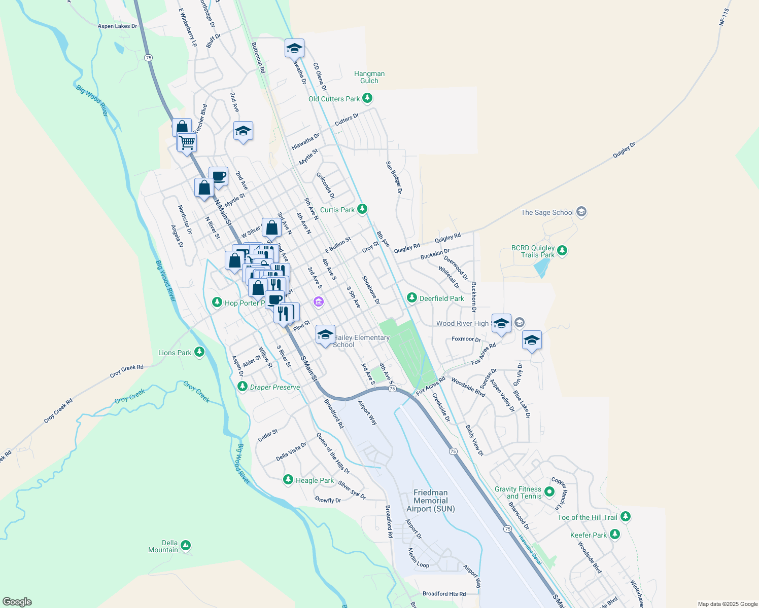 map of restaurants, bars, coffee shops, grocery stores, and more near 499 Eureka Dr in Hailey