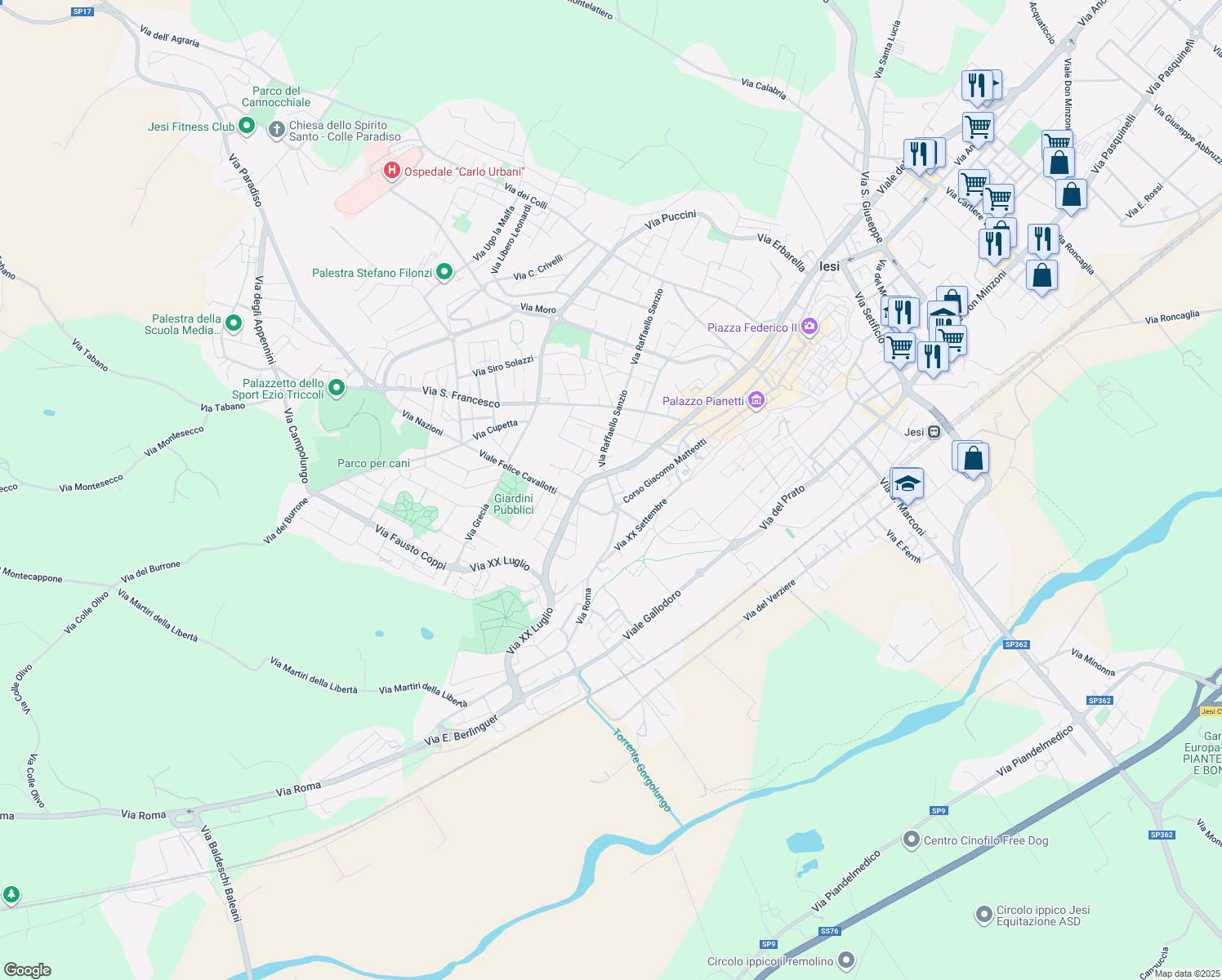 map of restaurants, bars, coffee shops, grocery stores, and more near 7 Viale Felice Cavallotti in Jesi