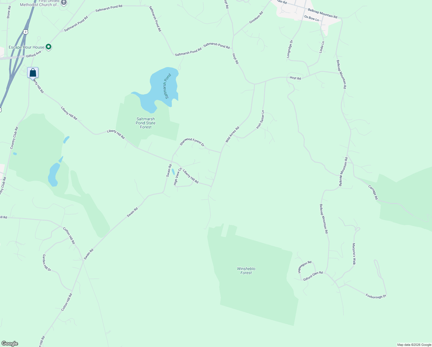 map of restaurants, bars, coffee shops, grocery stores, and more near 23 Wild Acres Road in Gilford