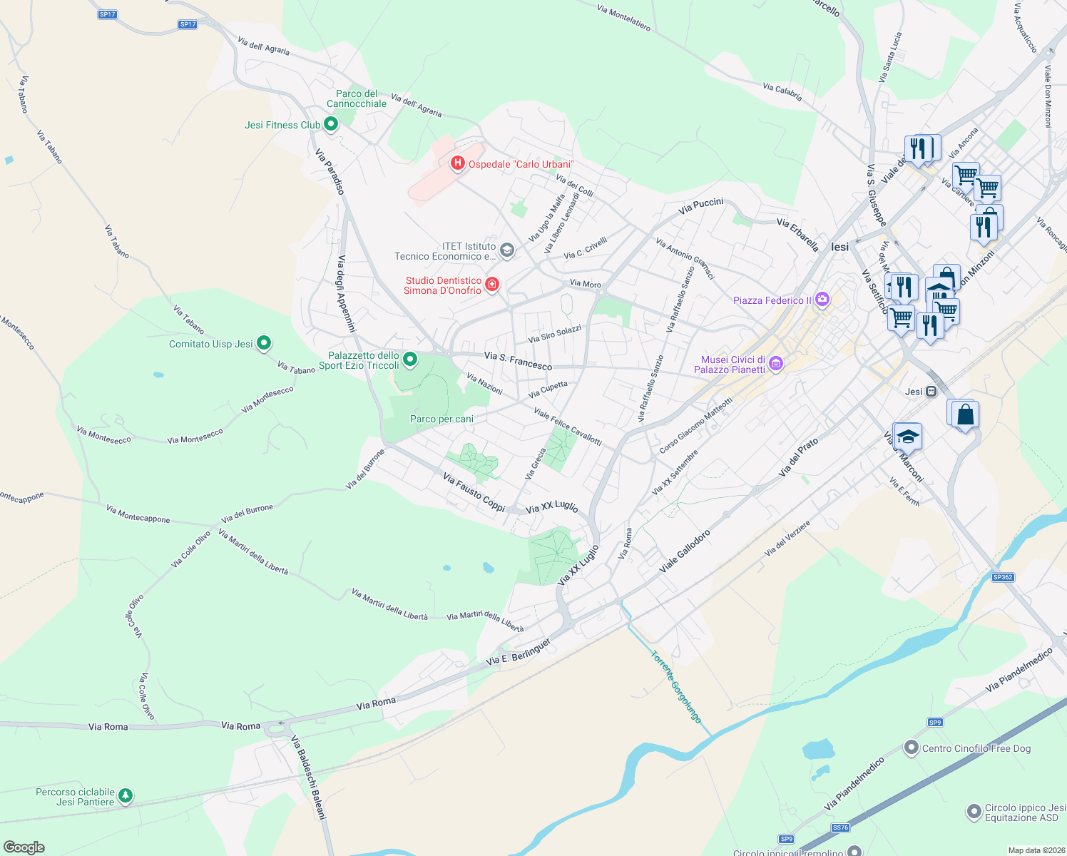 map of restaurants, bars, coffee shops, grocery stores, and more near 4 Via Francia in Jesi