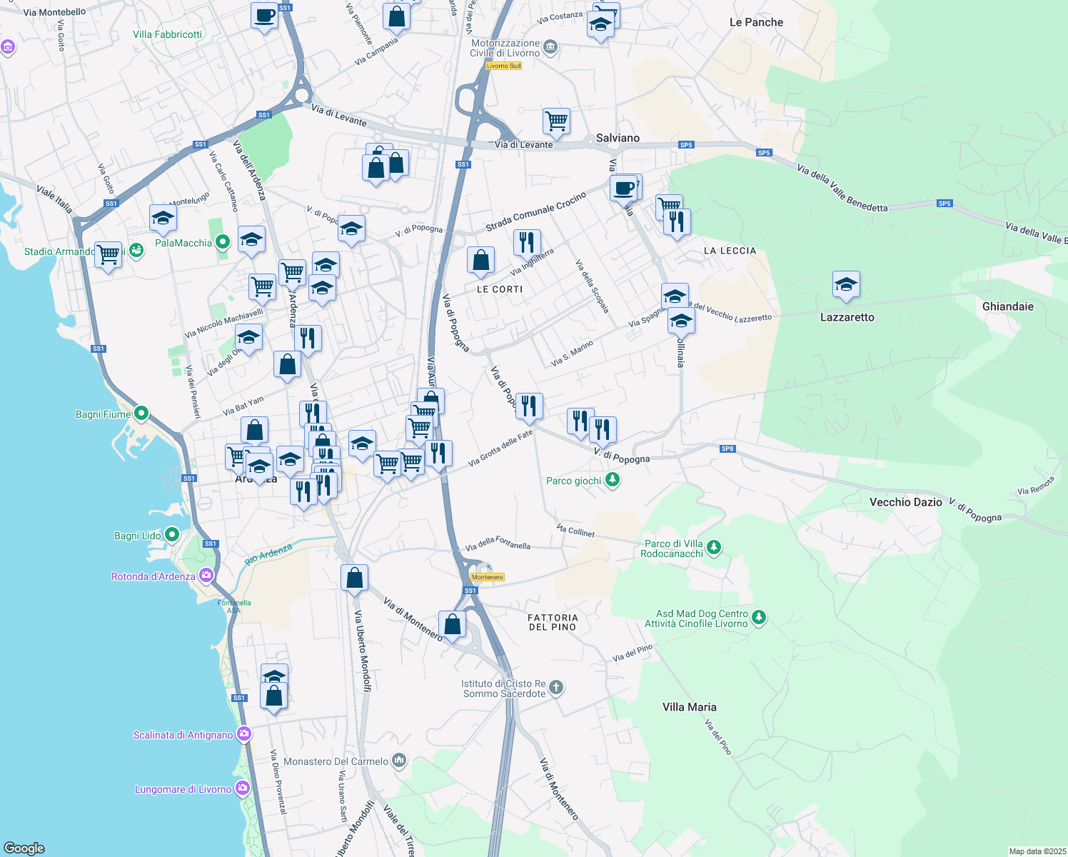 map of restaurants, bars, coffee shops, grocery stores, and more near 17 Via Rosa Gattorno in Livorno
