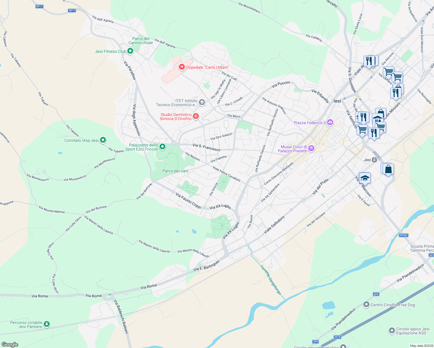 map of restaurants, bars, coffee shops, grocery stores, and more near 4 Via Francia in Jesi