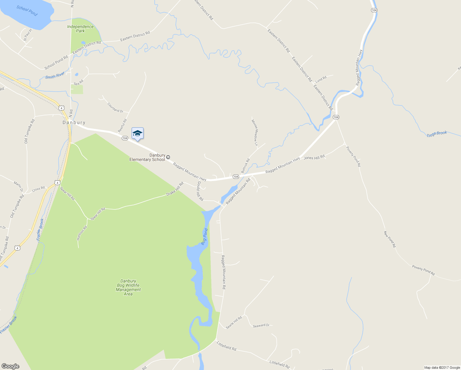 map of restaurants, bars, coffee shops, grocery stores, and more near 276 New Hampshire 104 in Danbury