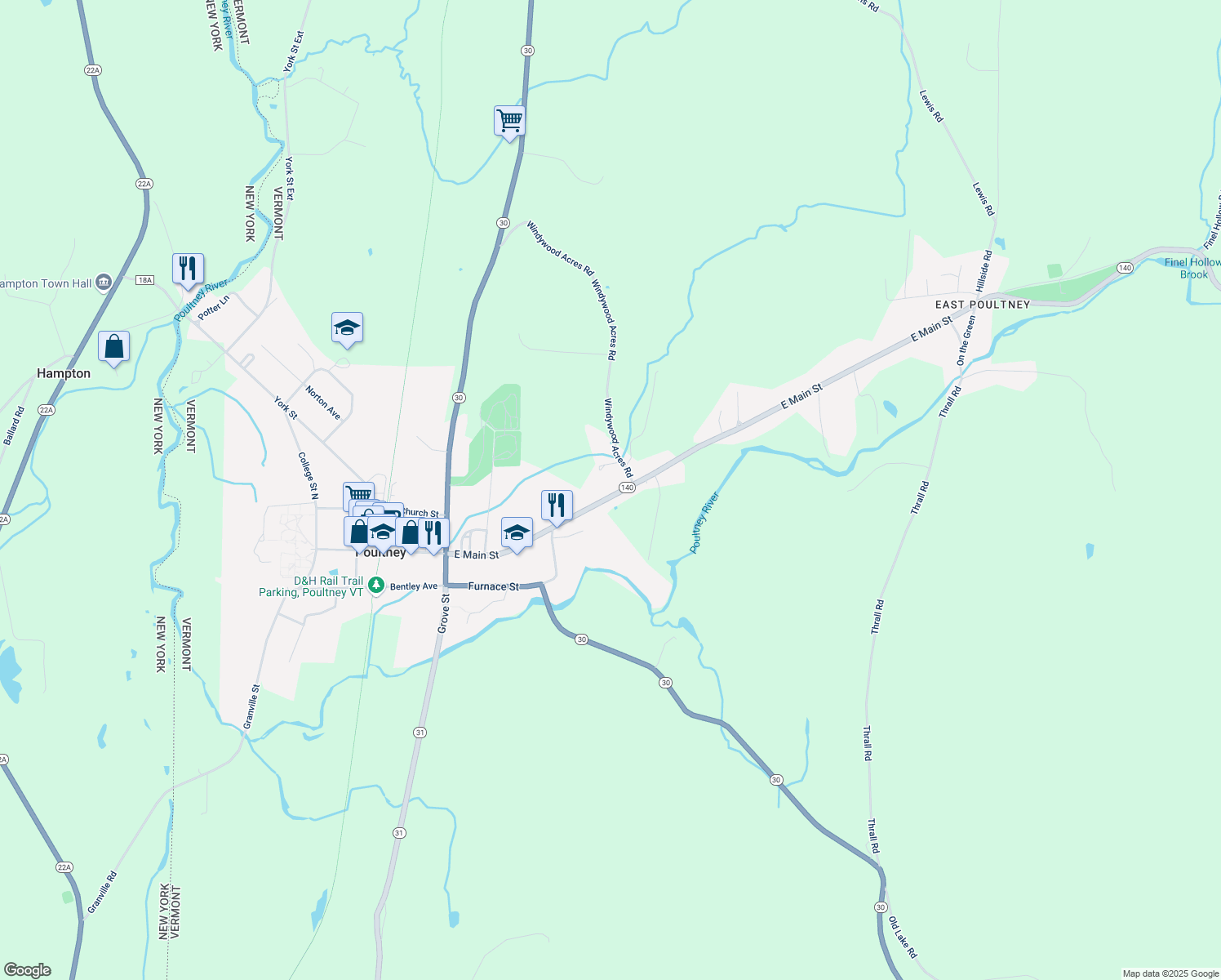 map of restaurants, bars, coffee shops, grocery stores, and more near 475 E Main St in Poultney