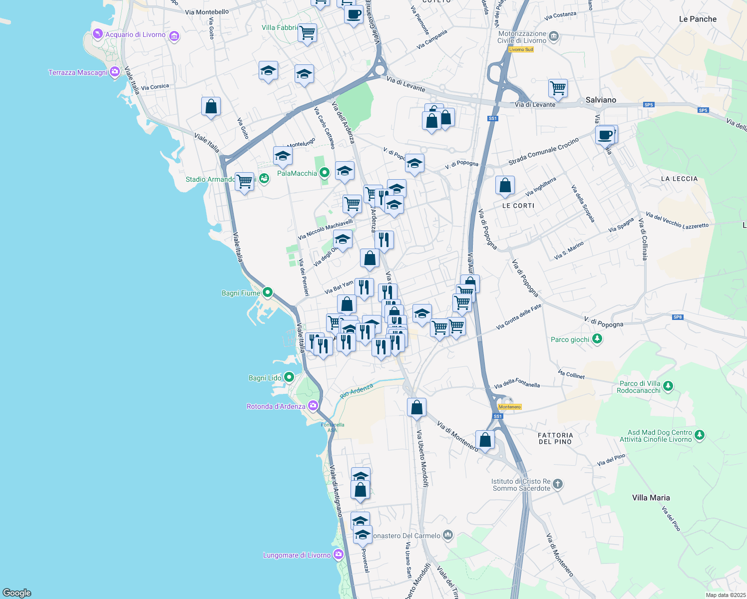 map of restaurants, bars, coffee shops, grocery stores, and more near 6 Via Angiolo Tommasi in Livorno
