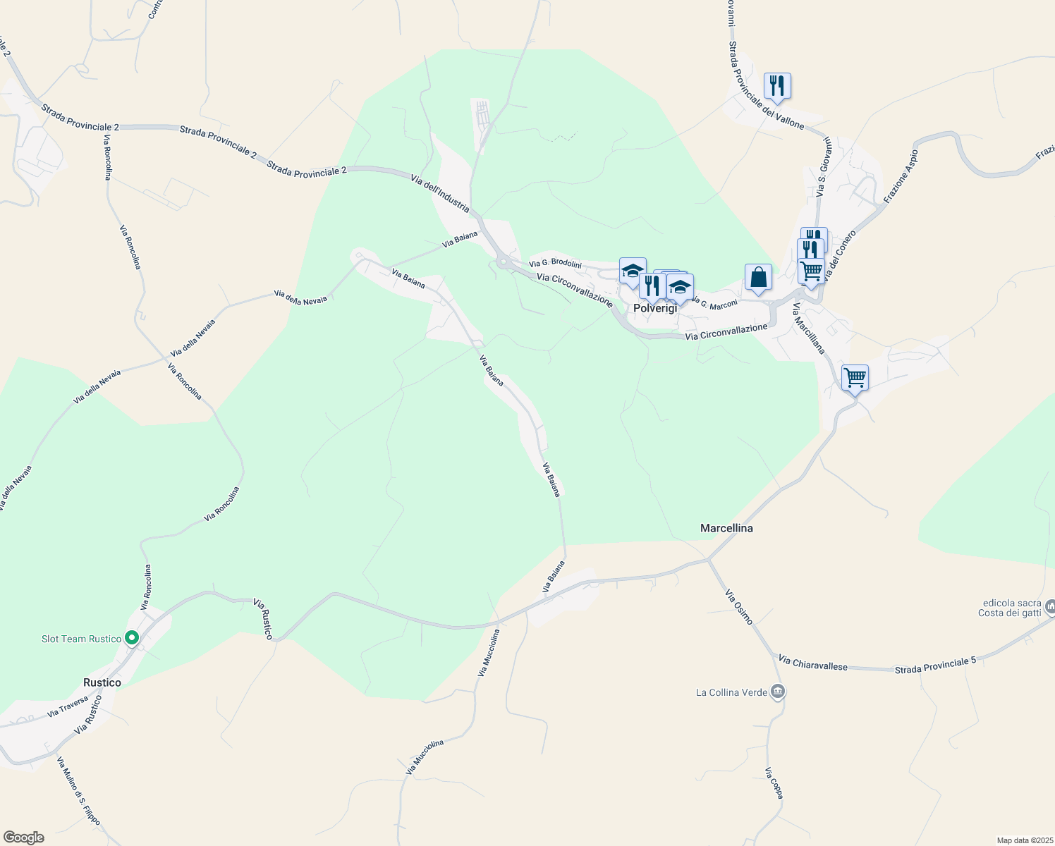 map of restaurants, bars, coffee shops, grocery stores, and more near 76 Via Baiana in Provincia di Ancona