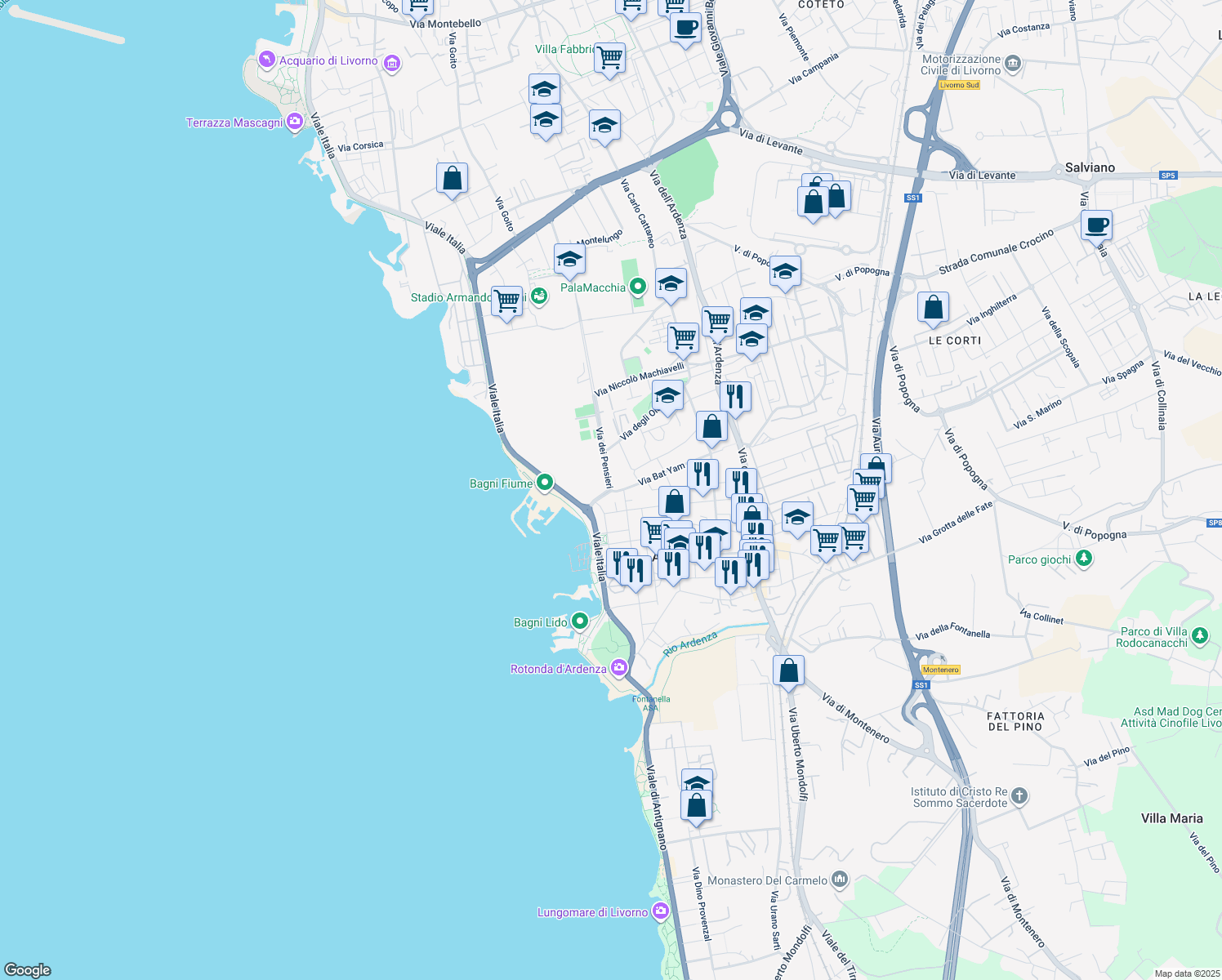 map of restaurants, bars, coffee shops, grocery stores, and more near 56 Via dei Pensieri in Livorno