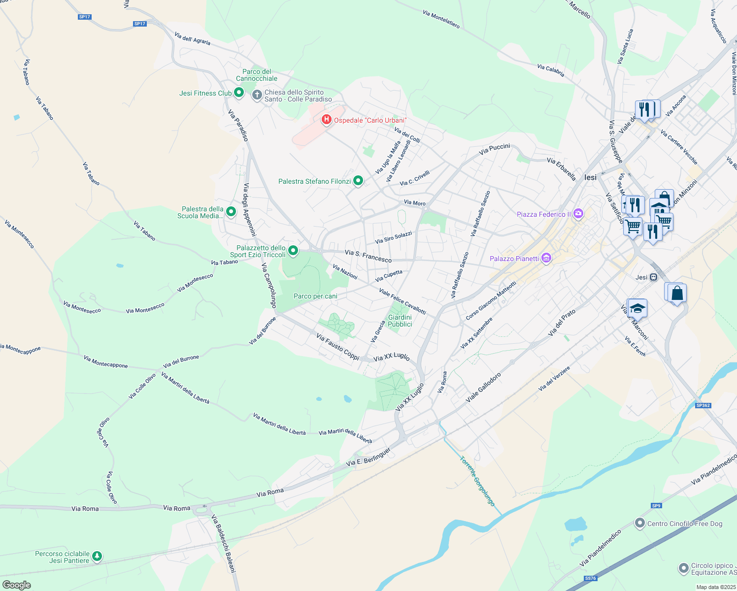 map of restaurants, bars, coffee shops, grocery stores, and more near 9 Via Francia in Jesi