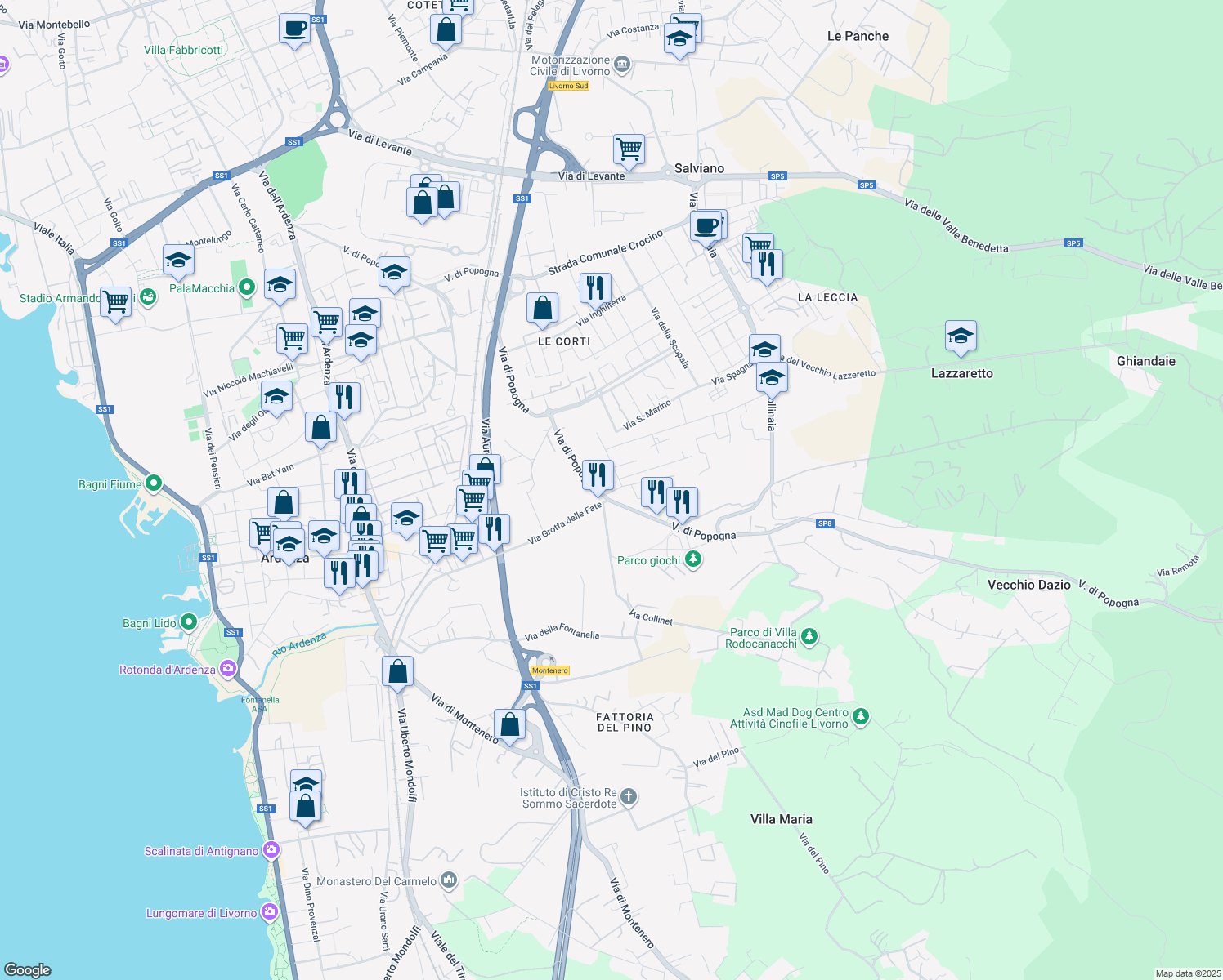 map of restaurants, bars, coffee shops, grocery stores, and more near 17 Via Rosa Gattorno in Livorno