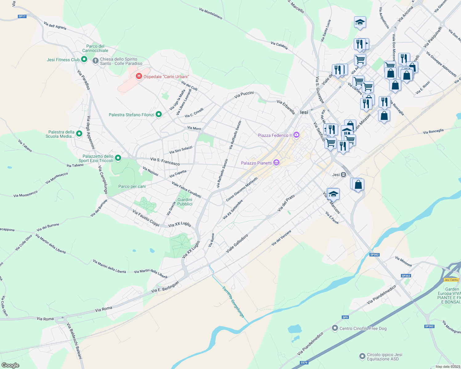 map of restaurants, bars, coffee shops, grocery stores, and more near 125 Viale della Vittoria in Jesi