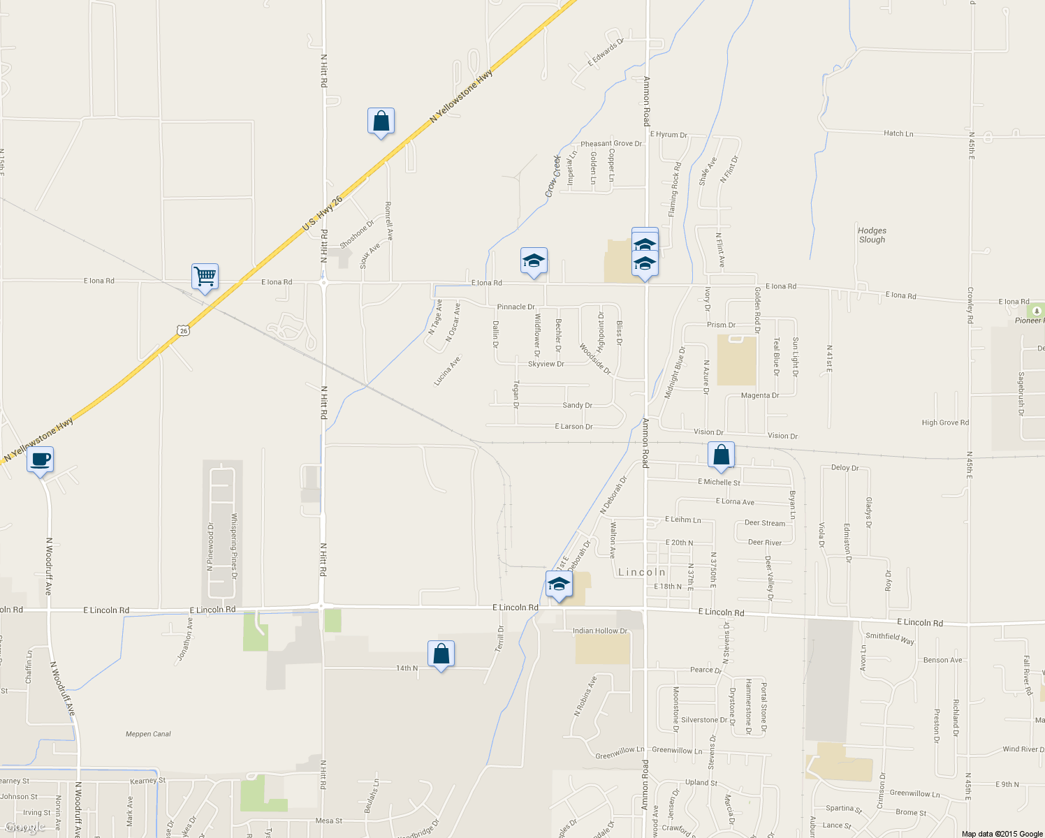 map of restaurants, bars, coffee shops, grocery stores, and more near 3113 East Larson Drive in Idaho Falls