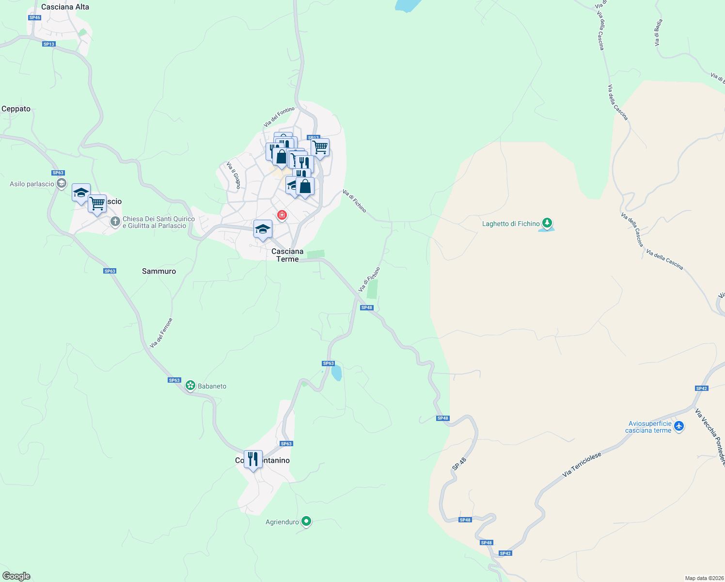 map of restaurants, bars, coffee shops, grocery stores, and more near 93 Via di Fichino in Provincia di Pisa
