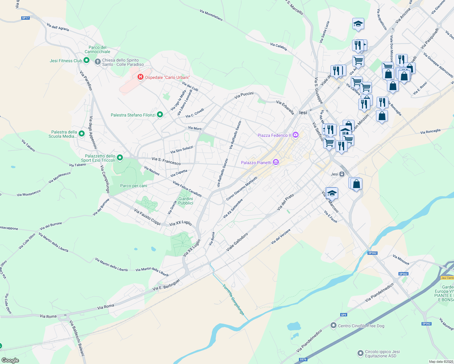 map of restaurants, bars, coffee shops, grocery stores, and more near 125 Viale della Vittoria in Jesi