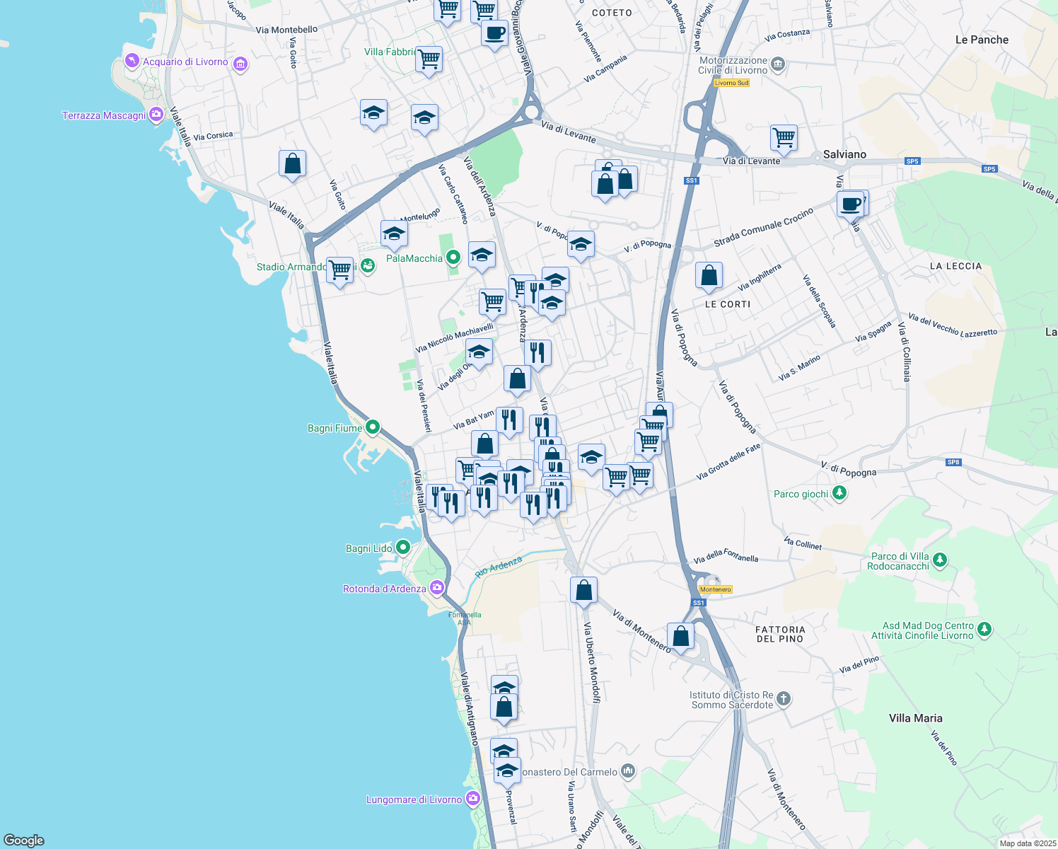 map of restaurants, bars, coffee shops, grocery stores, and more near 6 Via Angiolo Tommasi in Livorno