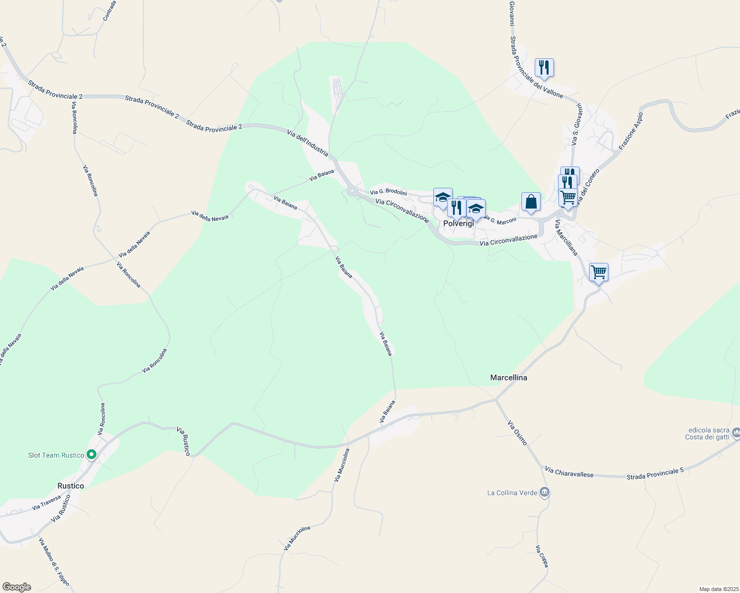 map of restaurants, bars, coffee shops, grocery stores, and more near 76 Via Baiana in Provincia di Ancona