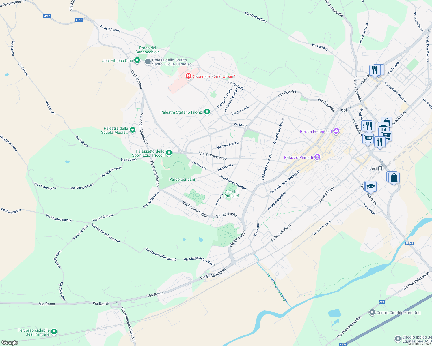 map of restaurants, bars, coffee shops, grocery stores, and more near 9 Via Francia in Jesi