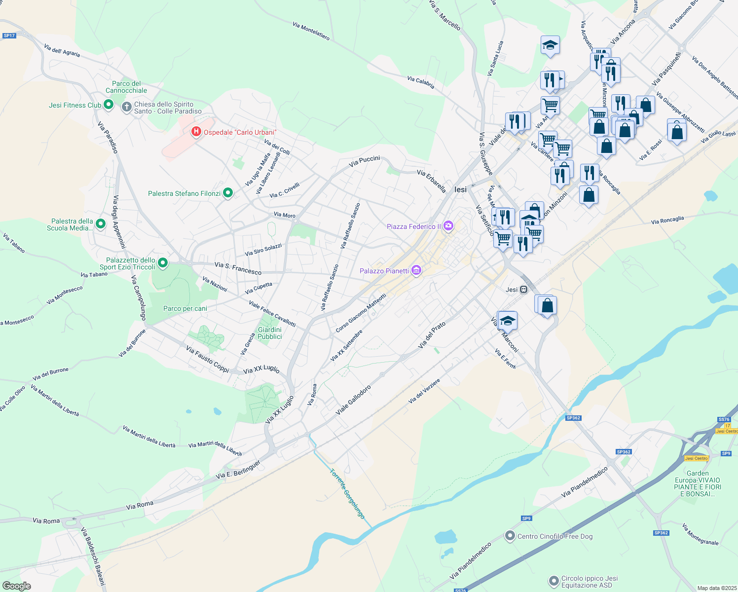 map of restaurants, bars, coffee shops, grocery stores, and more near 68 Viale della Vittoria in Jesi