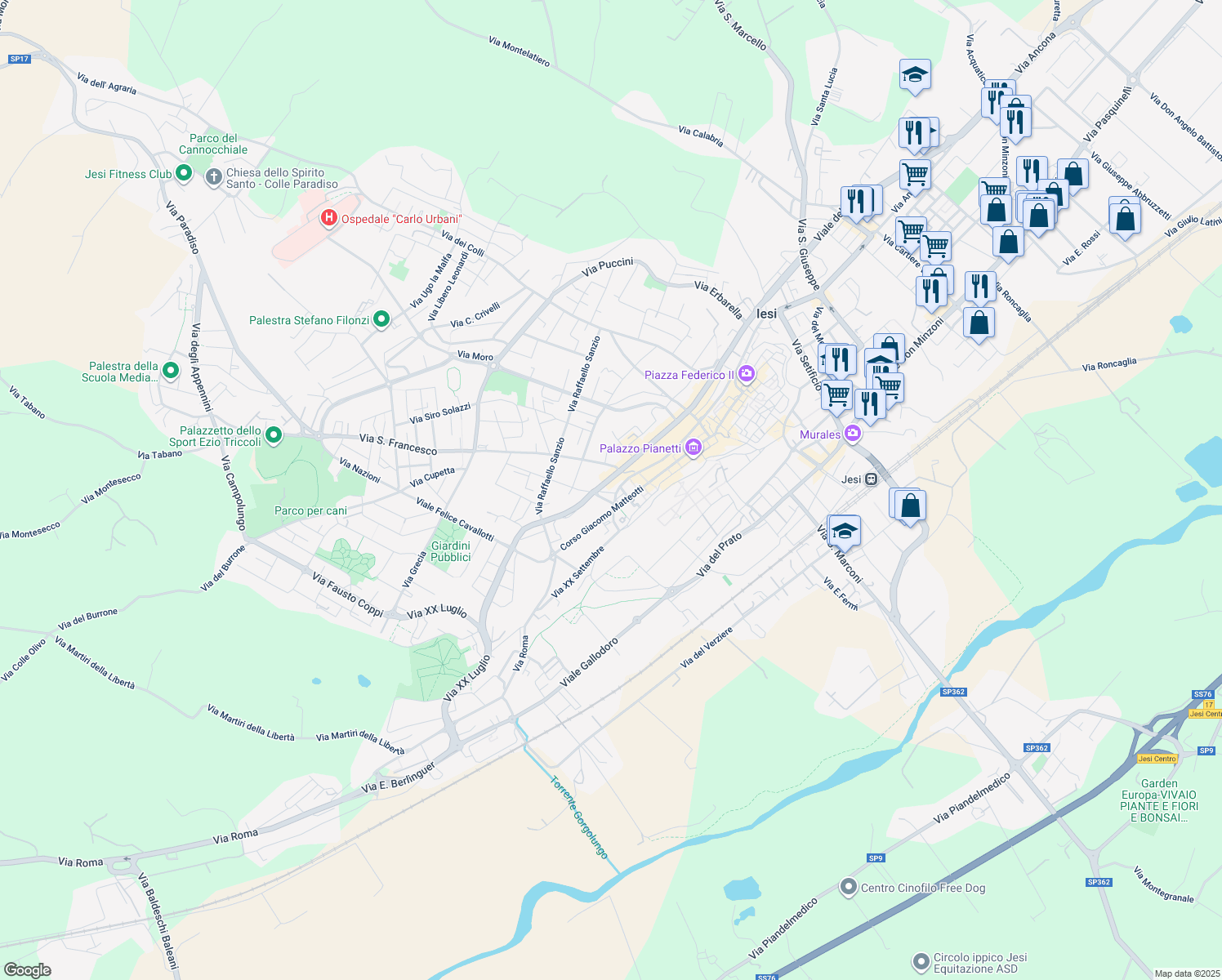 map of restaurants, bars, coffee shops, grocery stores, and more near 68 Viale della Vittoria in Jesi