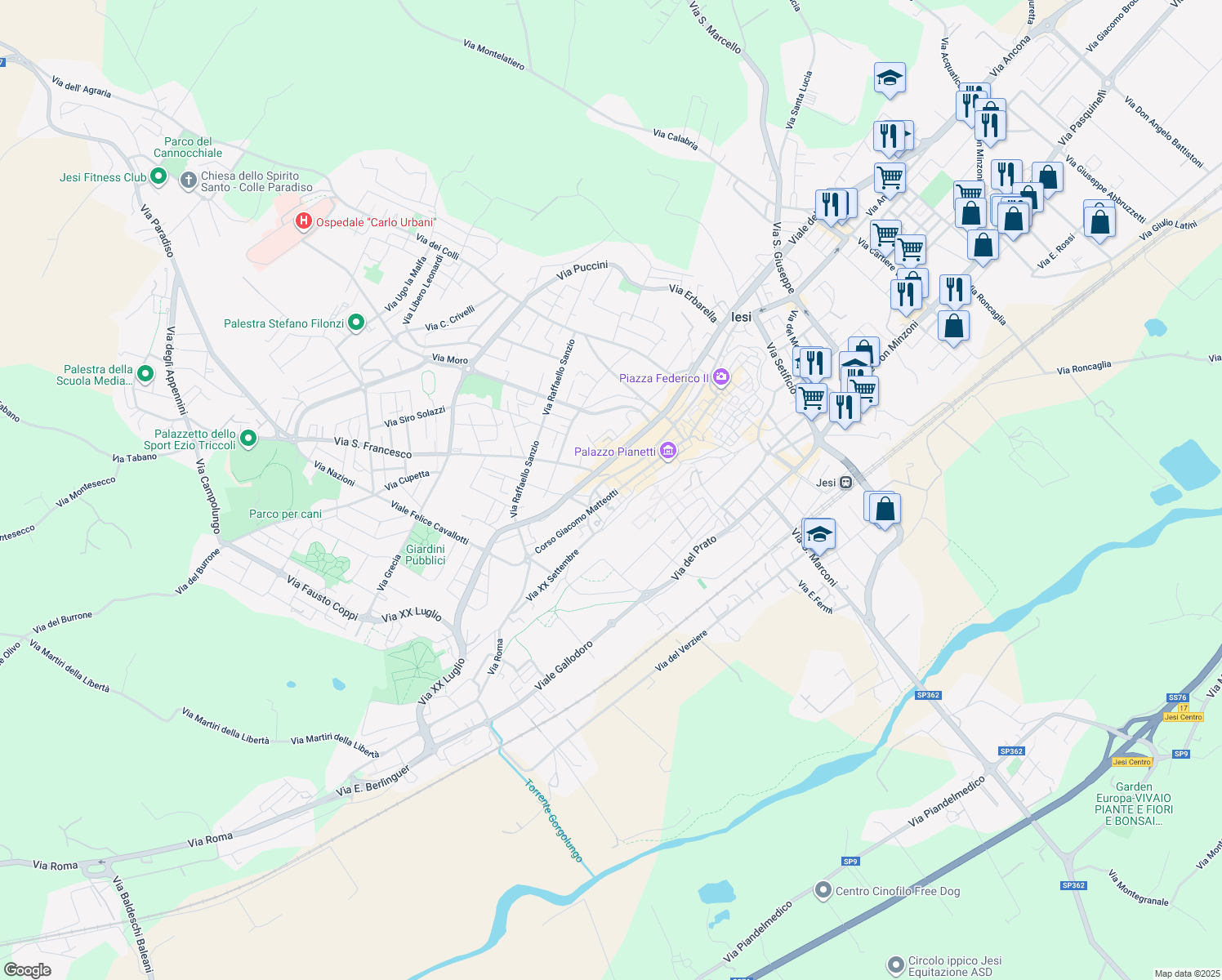 map of restaurants, bars, coffee shops, grocery stores, and more near 68 Viale della Vittoria in Jesi