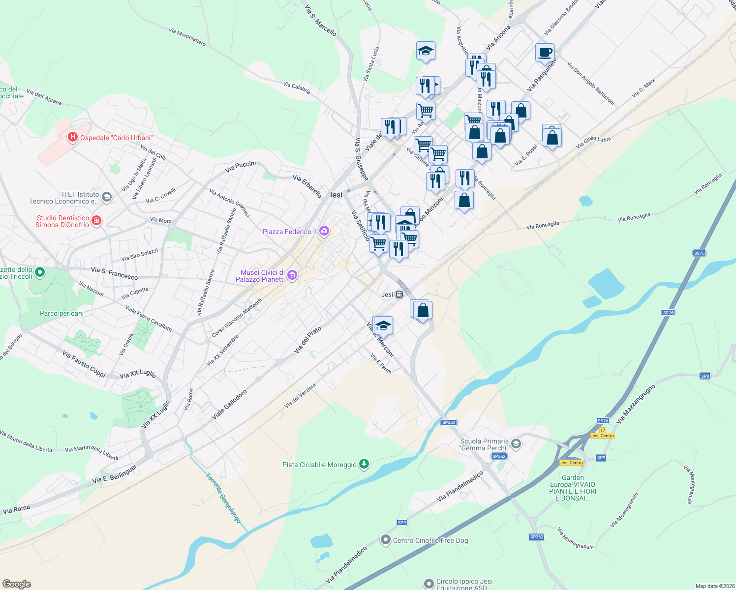 map of restaurants, bars, coffee shops, grocery stores, and more near 20 Viale Trieste in Jesi