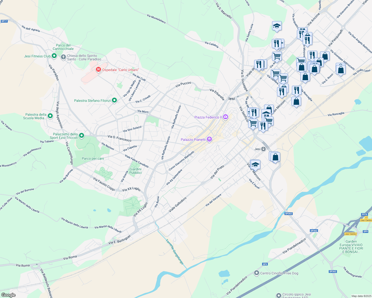 map of restaurants, bars, coffee shops, grocery stores, and more near 68 Viale della Vittoria in Jesi