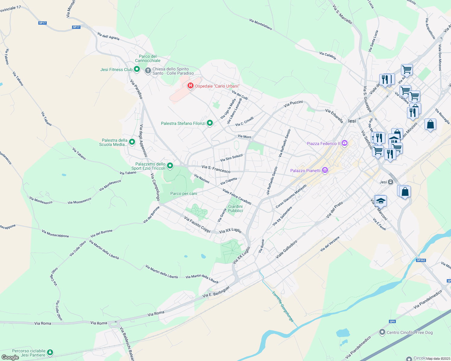 map of restaurants, bars, coffee shops, grocery stores, and more near 9 Via Cupetta in Jesi