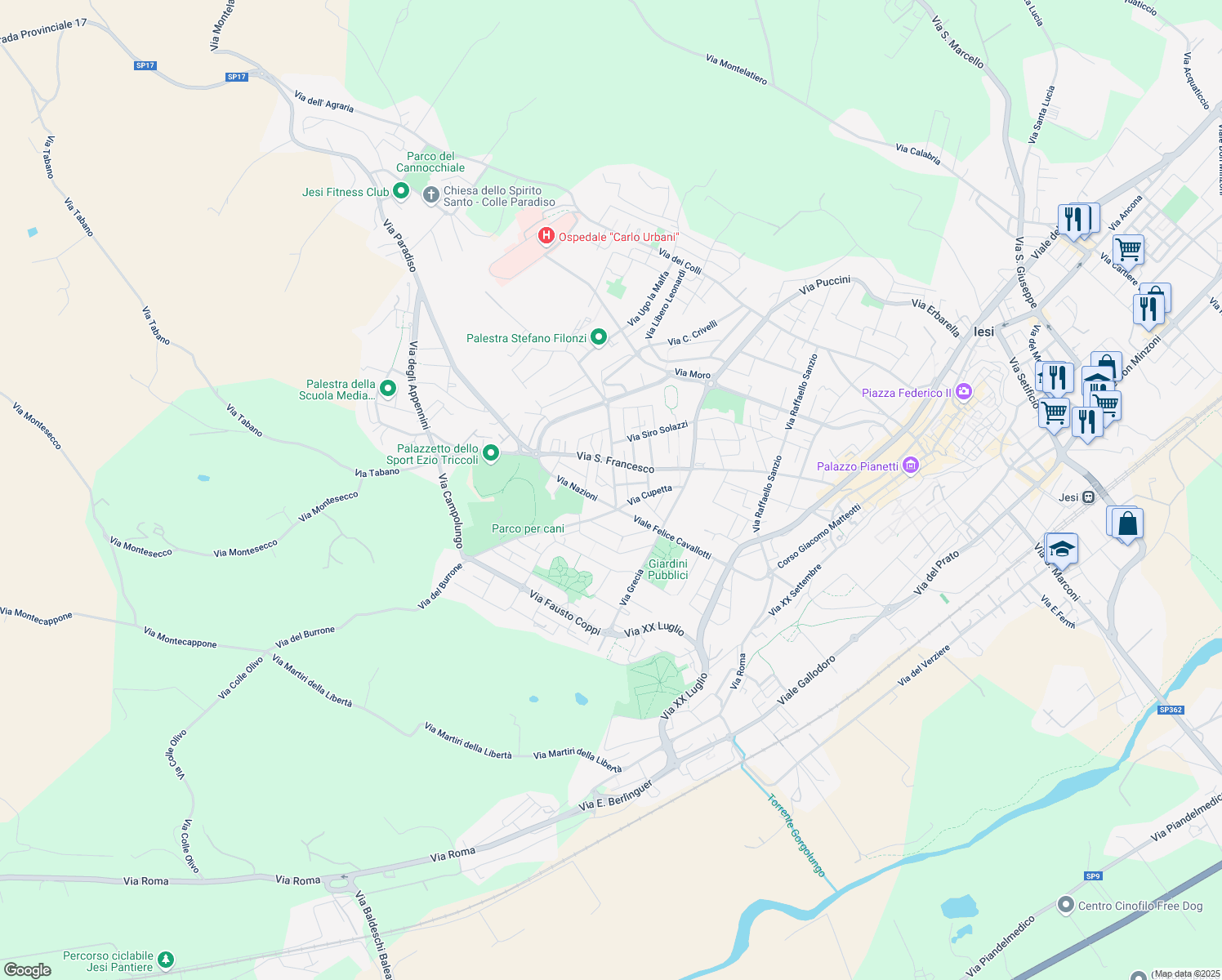 map of restaurants, bars, coffee shops, grocery stores, and more near 2 Largo Europa in Jesi