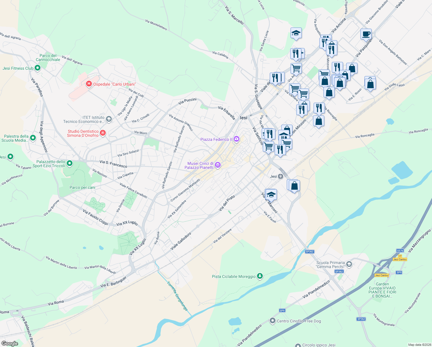 map of restaurants, bars, coffee shops, grocery stores, and more near 14-21 Via XV Settembre in Jesi