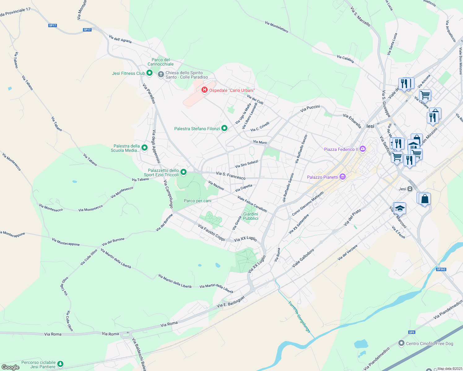 map of restaurants, bars, coffee shops, grocery stores, and more near 2 Largo Europa in Jesi