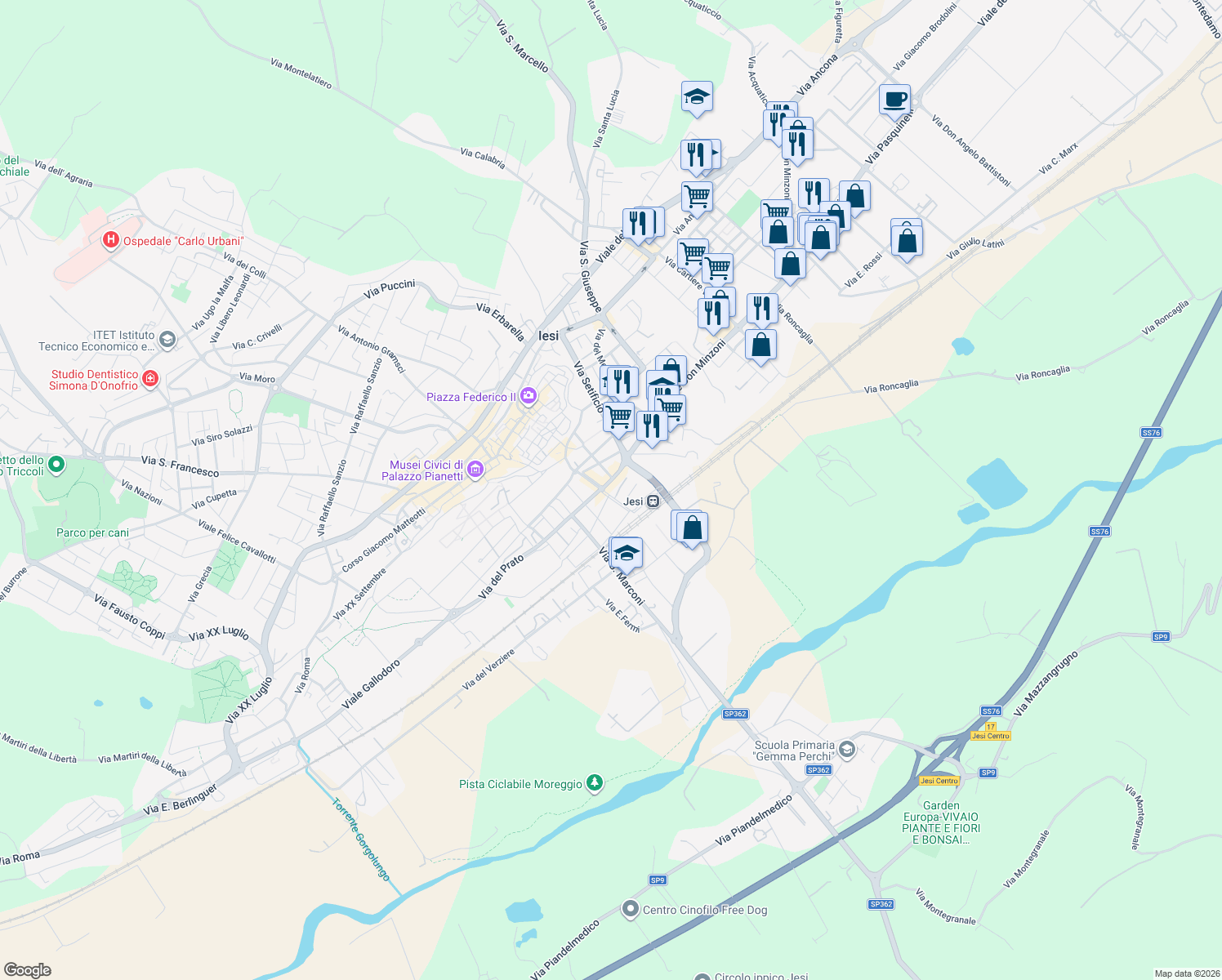 map of restaurants, bars, coffee shops, grocery stores, and more near 20 Viale Trieste in Jesi