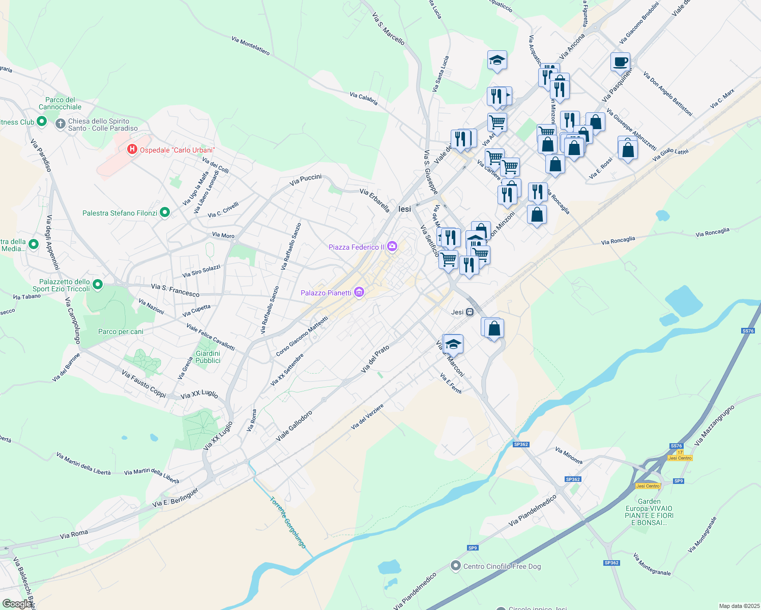 map of restaurants, bars, coffee shops, grocery stores, and more near 9 Via delle Conce in Jesi