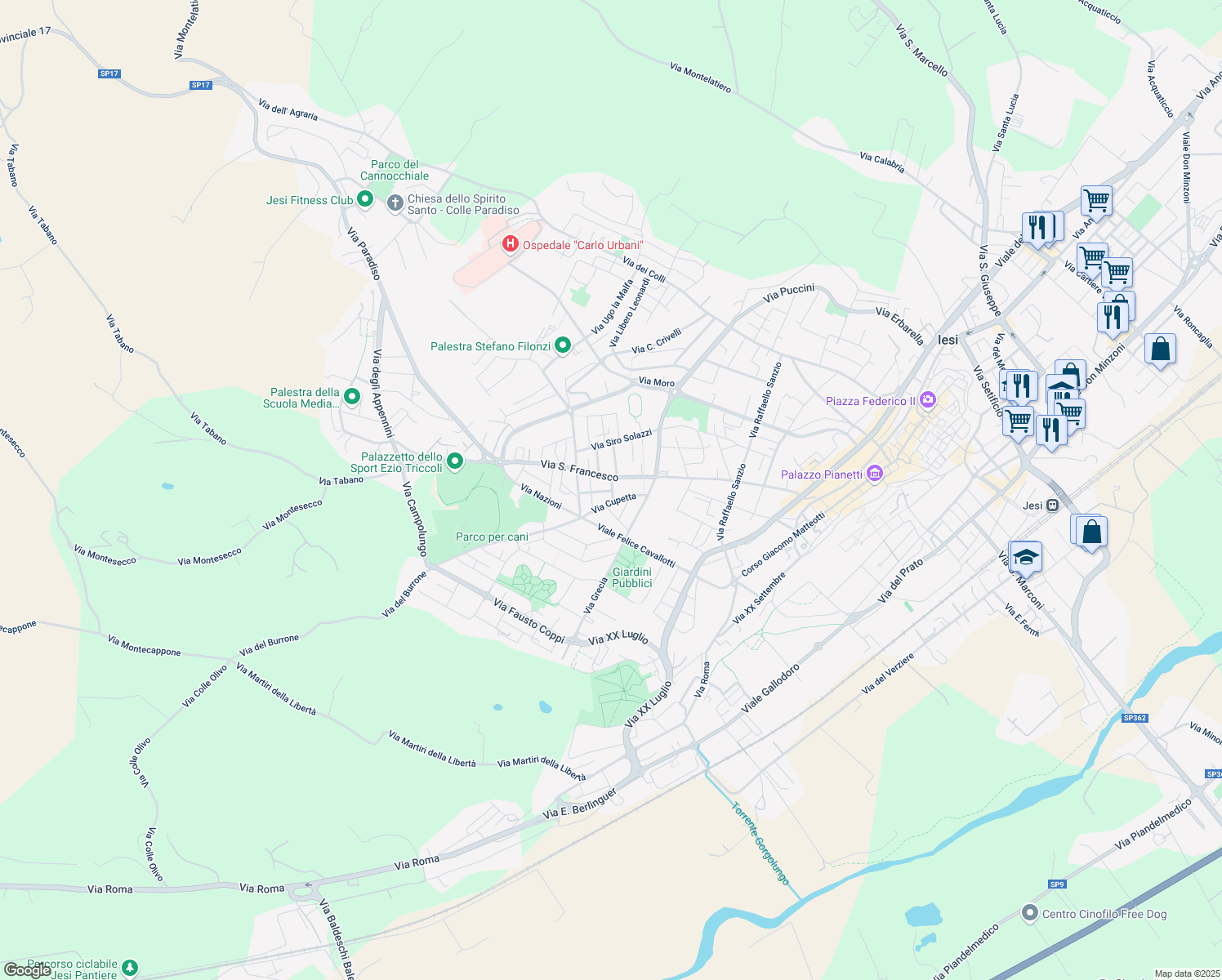 map of restaurants, bars, coffee shops, grocery stores, and more near 9 Via Cupetta in Jesi