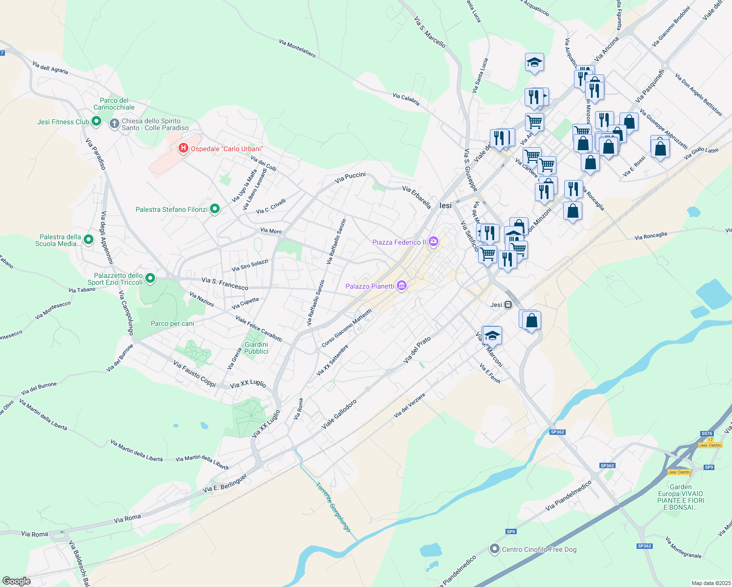 map of restaurants, bars, coffee shops, grocery stores, and more near 68 Viale della Vittoria in Jesi