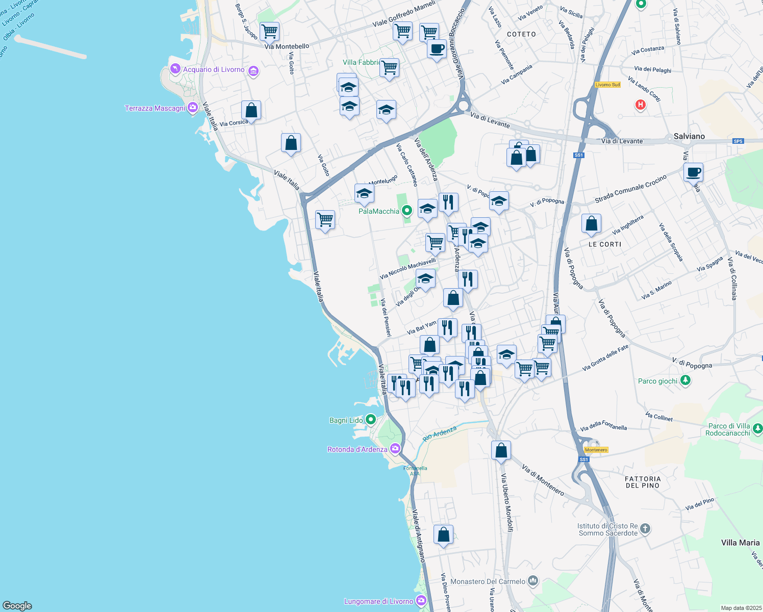 map of restaurants, bars, coffee shops, grocery stores, and more near 56 Via dei Pensieri in Livorno