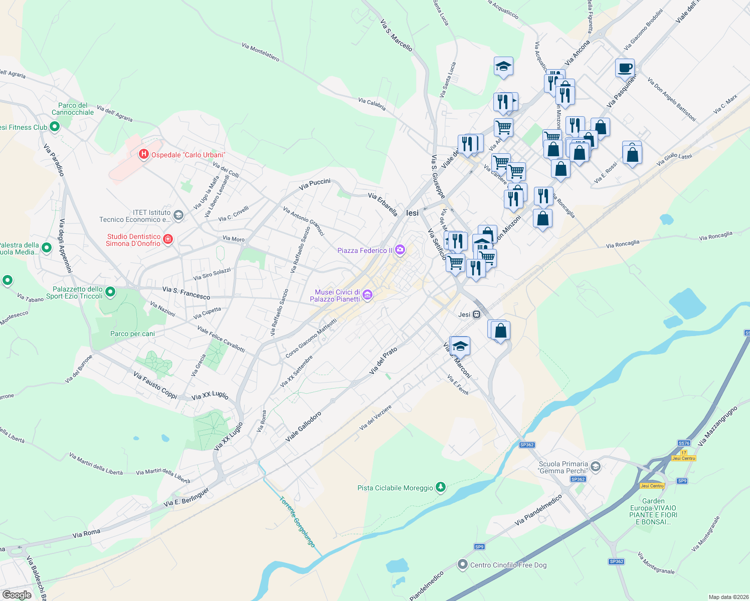 map of restaurants, bars, coffee shops, grocery stores, and more near 5A Via Castelfidardo in Jesi