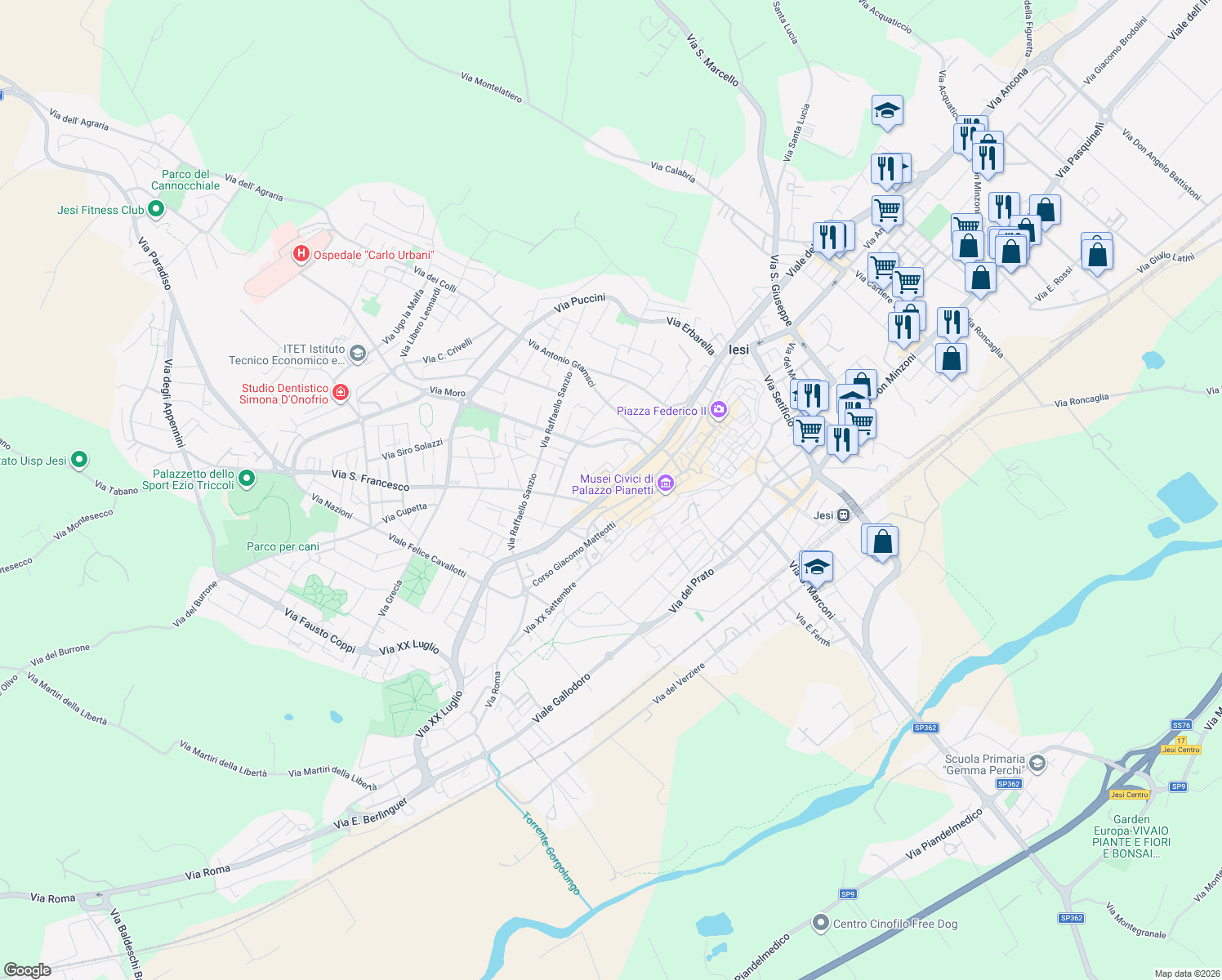 map of restaurants, bars, coffee shops, grocery stores, and more near 68 Viale della Vittoria in Jesi