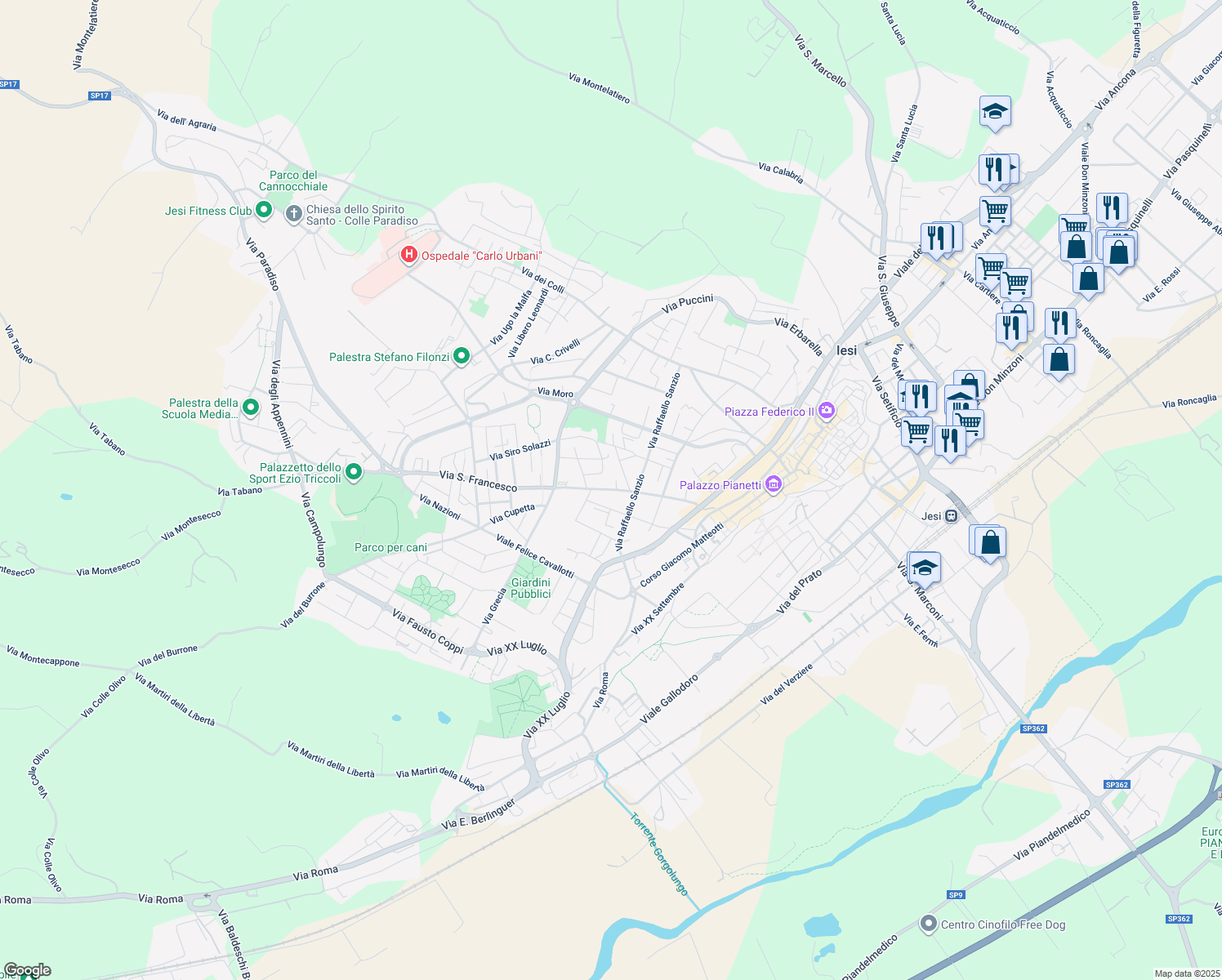 map of restaurants, bars, coffee shops, grocery stores, and more near 15 Via Giuseppe Radiciotti in Jesi