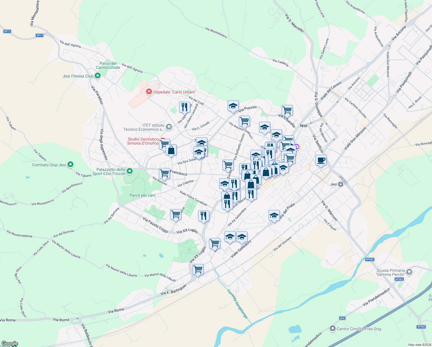 map of restaurants, bars, coffee shops, grocery stores, and more near 5 Via Antonino Sarti in Jesi