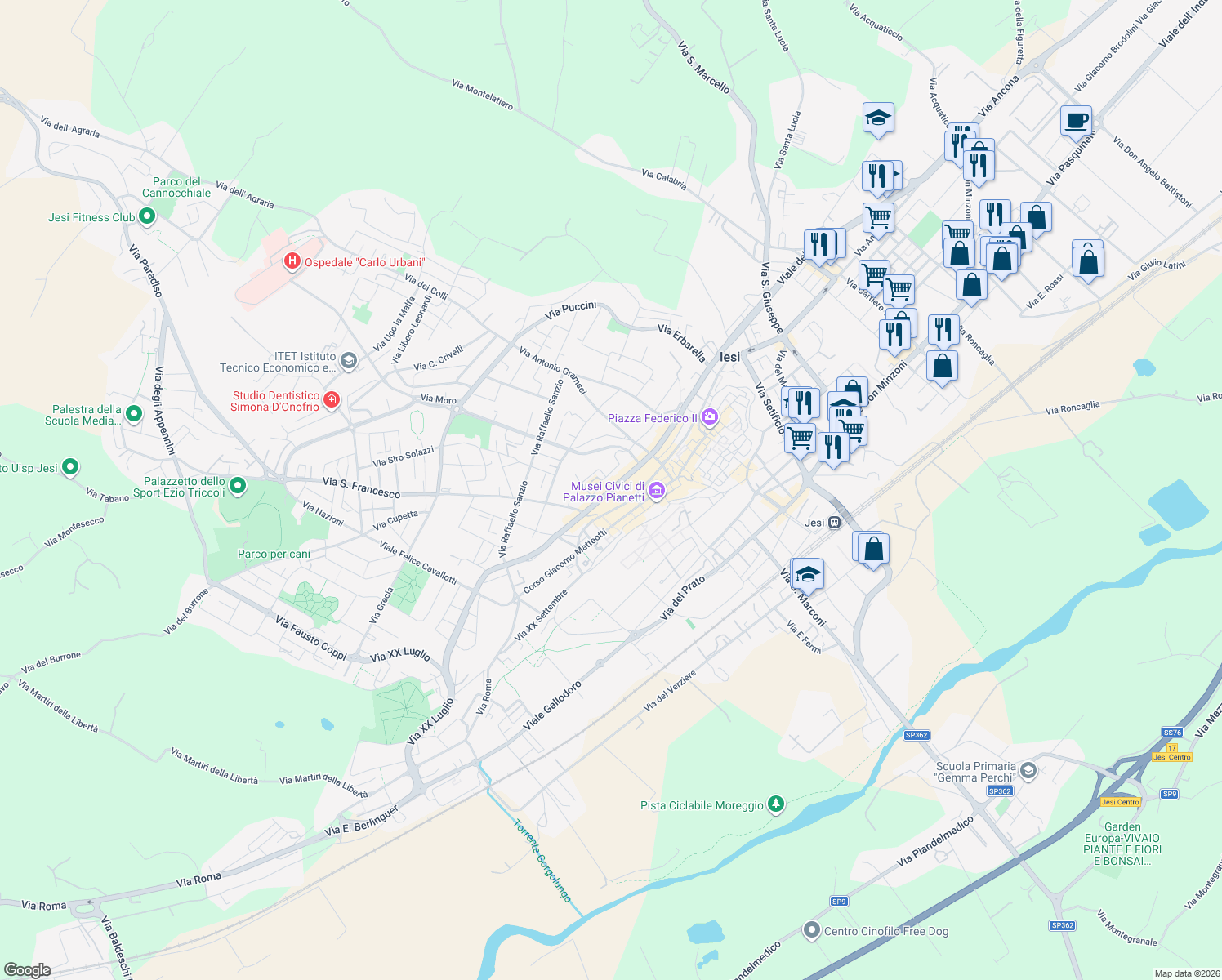 map of restaurants, bars, coffee shops, grocery stores, and more near 85 Viale della Vittoria in Jesi