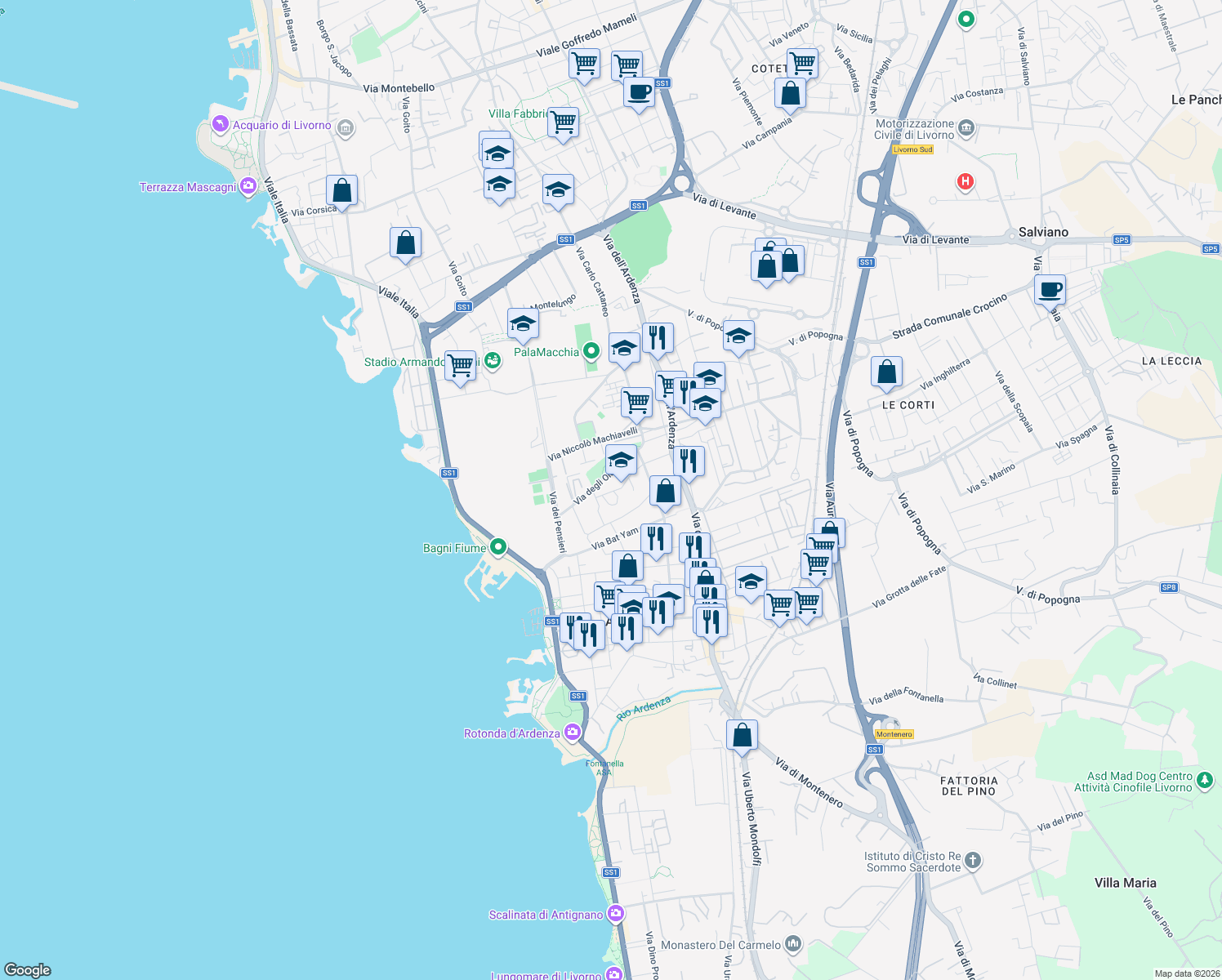 map of restaurants, bars, coffee shops, grocery stores, and more near 28 Via degli Oleandri in Livorno