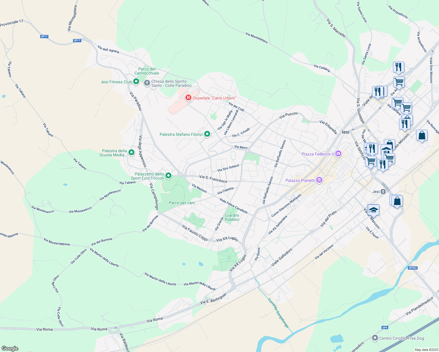 map of restaurants, bars, coffee shops, grocery stores, and more near 6 Via Alberico Gentili in Jesi