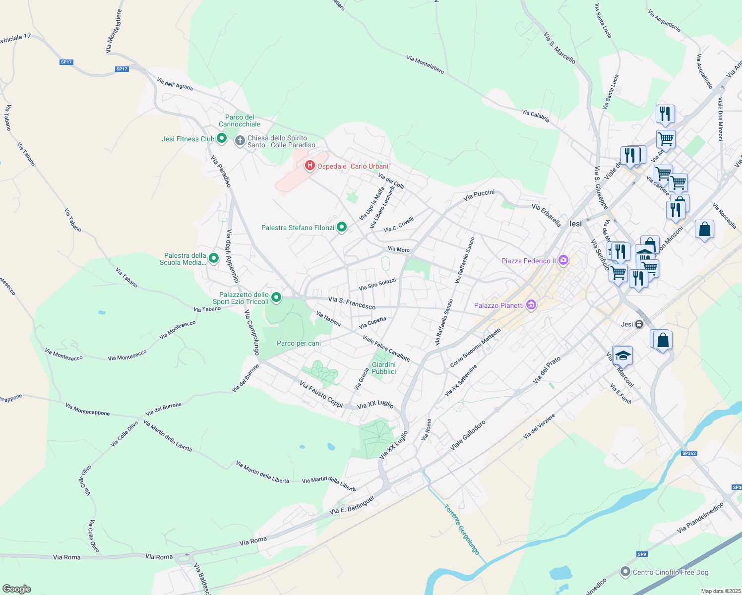 map of restaurants, bars, coffee shops, grocery stores, and more near 6 Via Alberico Gentili in Jesi