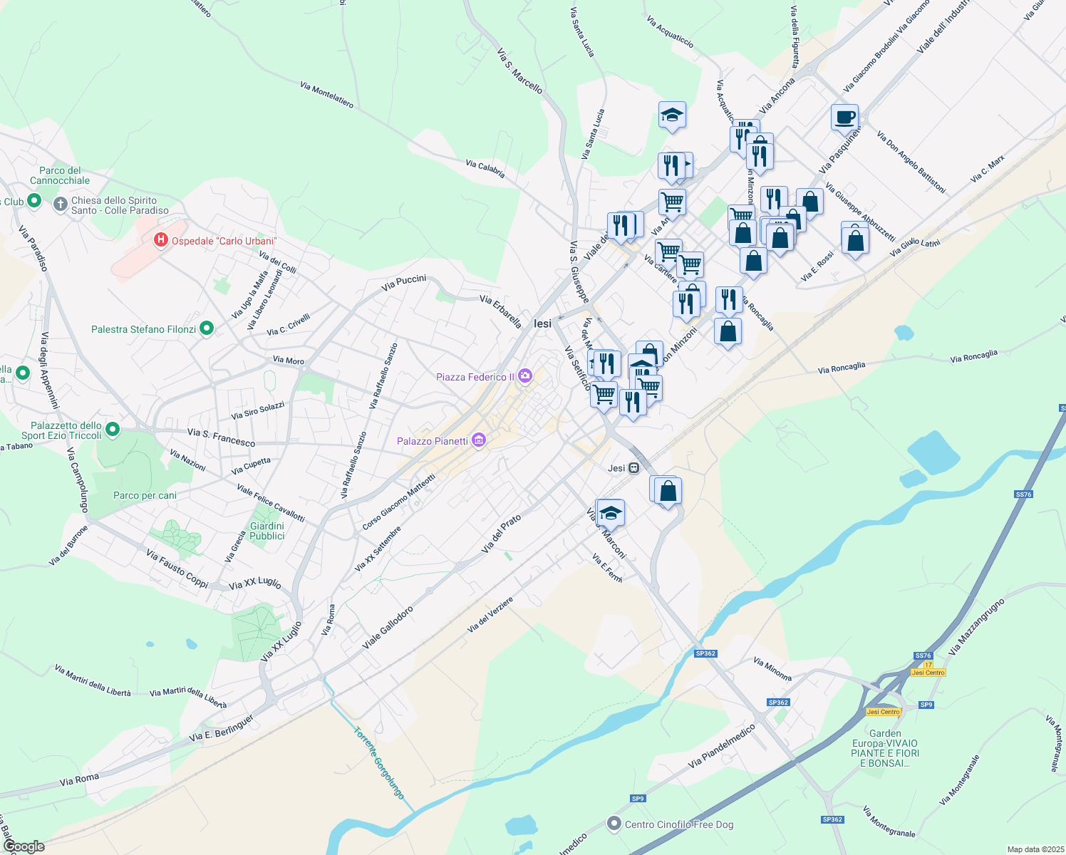 map of restaurants, bars, coffee shops, grocery stores, and more near 9 Via delle Conce in Jesi