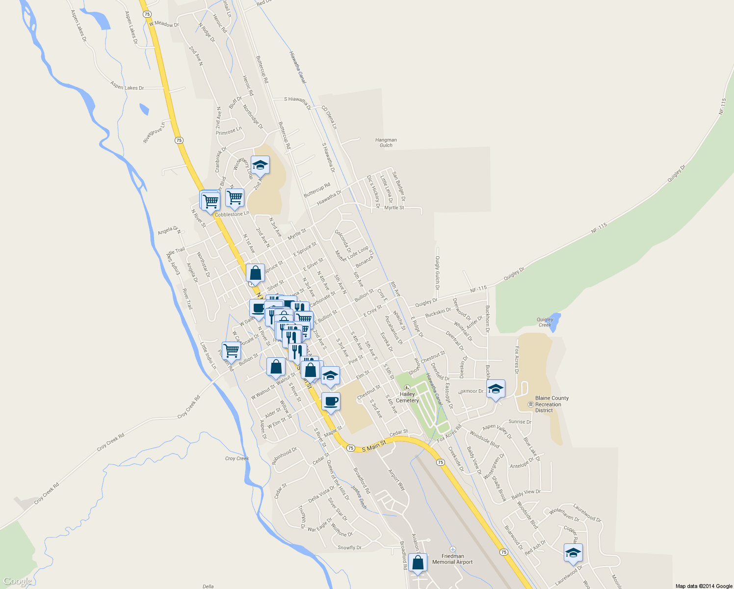 map of restaurants, bars, coffee shops, grocery stores, and more near 639 Bullion St in Hailey