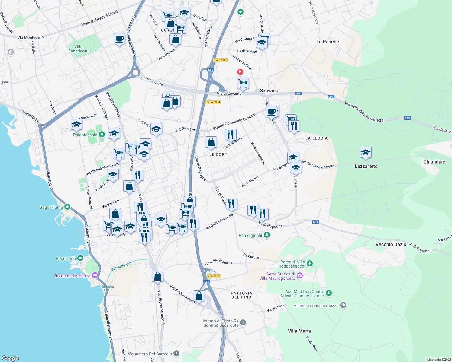 map of restaurants, bars, coffee shops, grocery stores, and more near 22 Via Gastone Razzaguta in Livorno