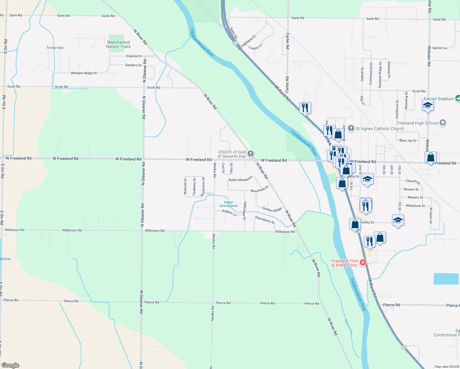 map of restaurants, bars, coffee shops, grocery stores, and more near 7826 Sedgewick Drive in Freeland